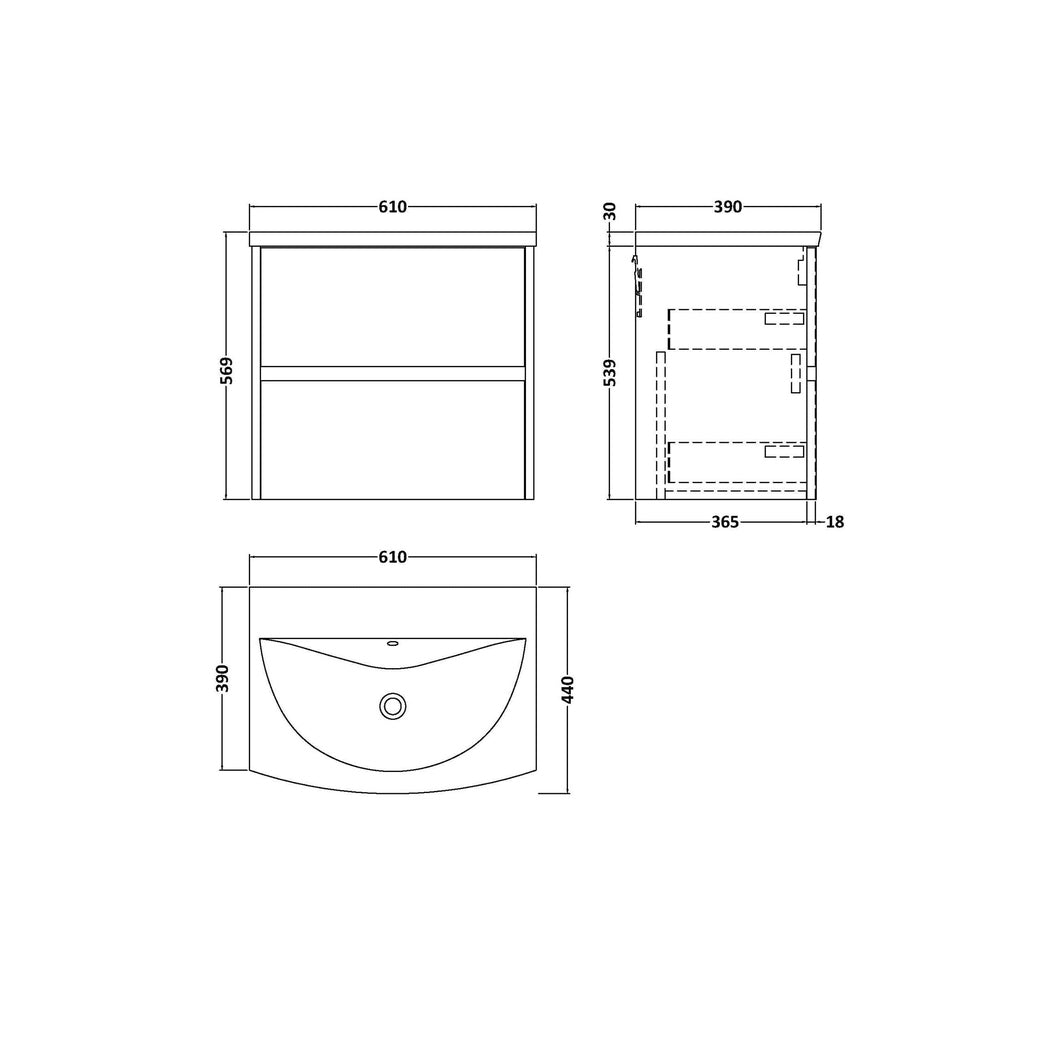 Nuie Havana 600mm Wall Hung 2 Drawer Unit & Basin 4 Contemporary Graphite Grey Woodgrain MFC Textured Woodgrain 564x610x440mm - JJ Building Materials