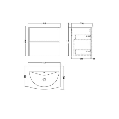 Nuie Havana 600mm Wall Hung 2 Drawer Unit & Basin 4 Contemporary Graphite Grey Woodgrain MFC Textured Woodgrain 564x610x440mm - JJ Building Materials