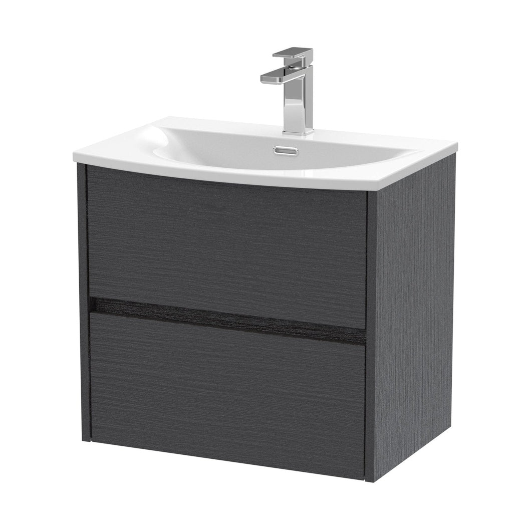 Nuie Havana 600mm Wall Hung 2 Drawer Unit & Basin 4 Contemporary Graphite Grey Woodgrain MFC Textured Woodgrain 564x610x440mm - JJ Building Materials