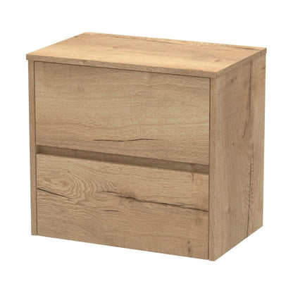 Nuie Havana 600mm Wall Hung 2 Drawer Unit & Worktop Contemporary Autumn Oak MFC Textured Woodgrain 557x605x390mm - JJ Building Materials