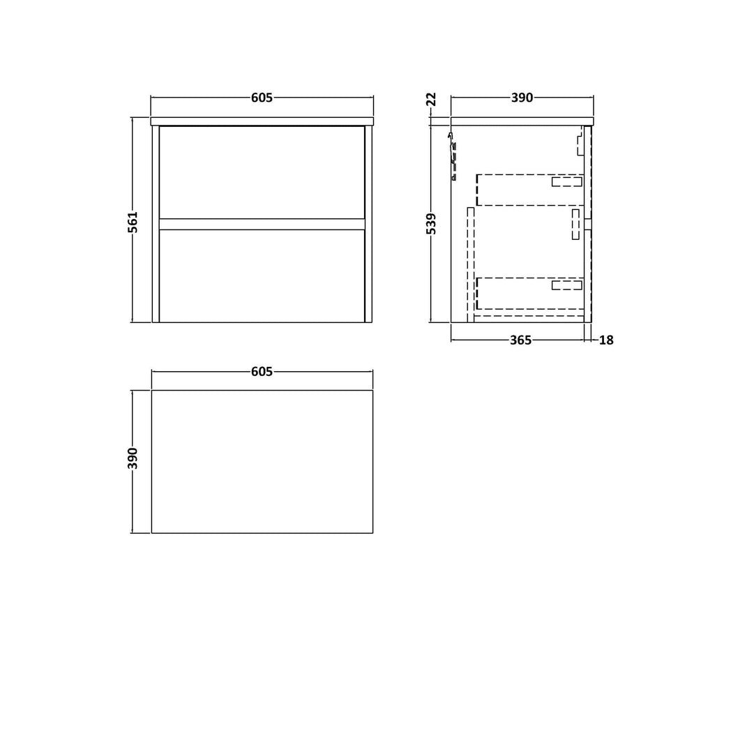 Nuie Havana 600mm Wall Hung 2 Drawer Unit & Worktop Contemporary Coastal Grey MFC Smooth Matt 561x605x390mm - HAV2304LBG - JJ Building Materials
