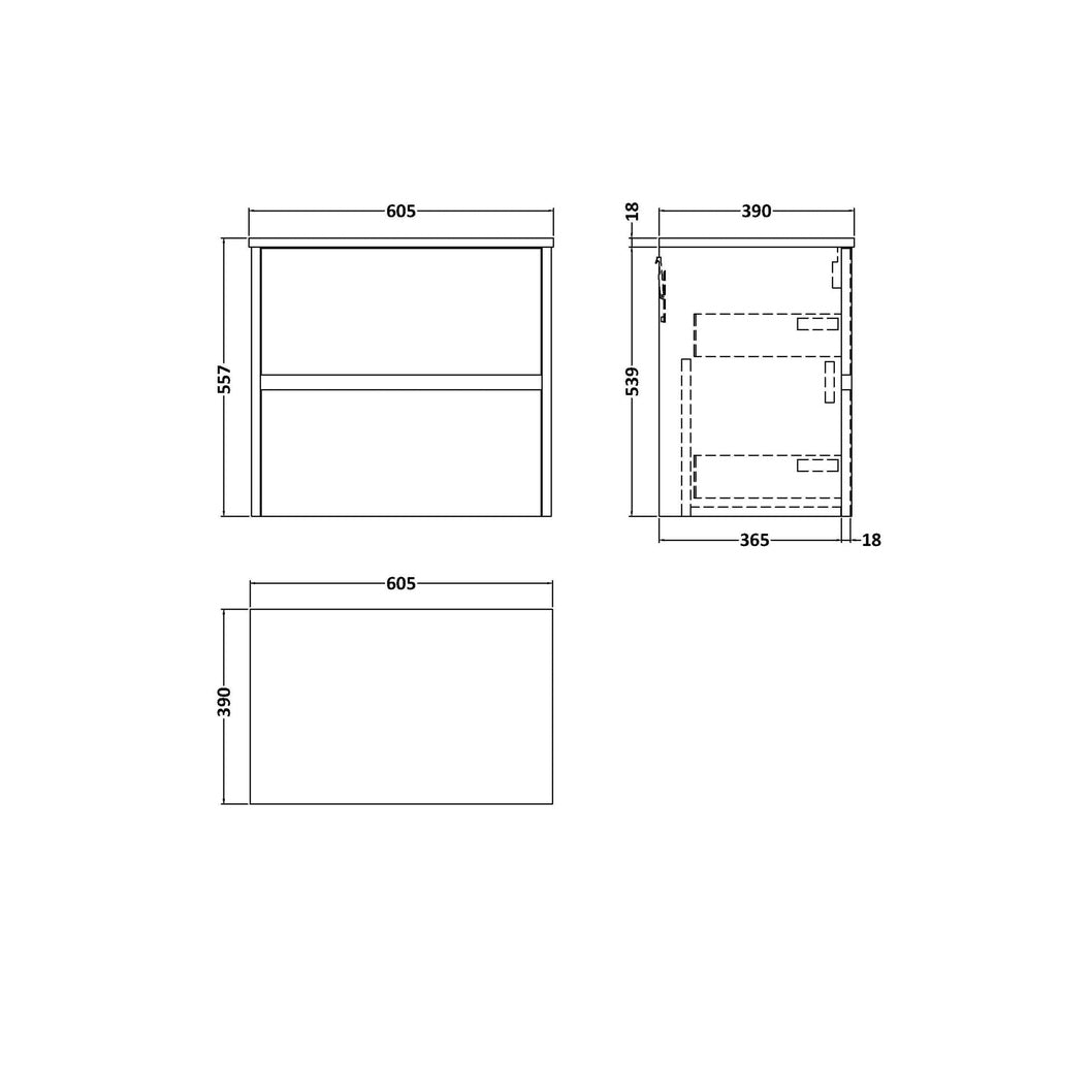 Nuie Havana 600mm Wall Hung 2 Drawer Unit & Worktop Contemporary Metallic Slate MFC Textured Matt 557x605x390mm - JJ Building Materials
