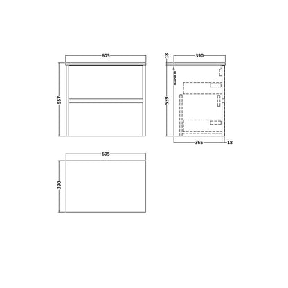Nuie Havana 600mm Wall Hung 2 Drawer Unit & Worktop Contemporary Metallic Slate MFC Textured Matt 557x605x390mm - JJ Building Materials