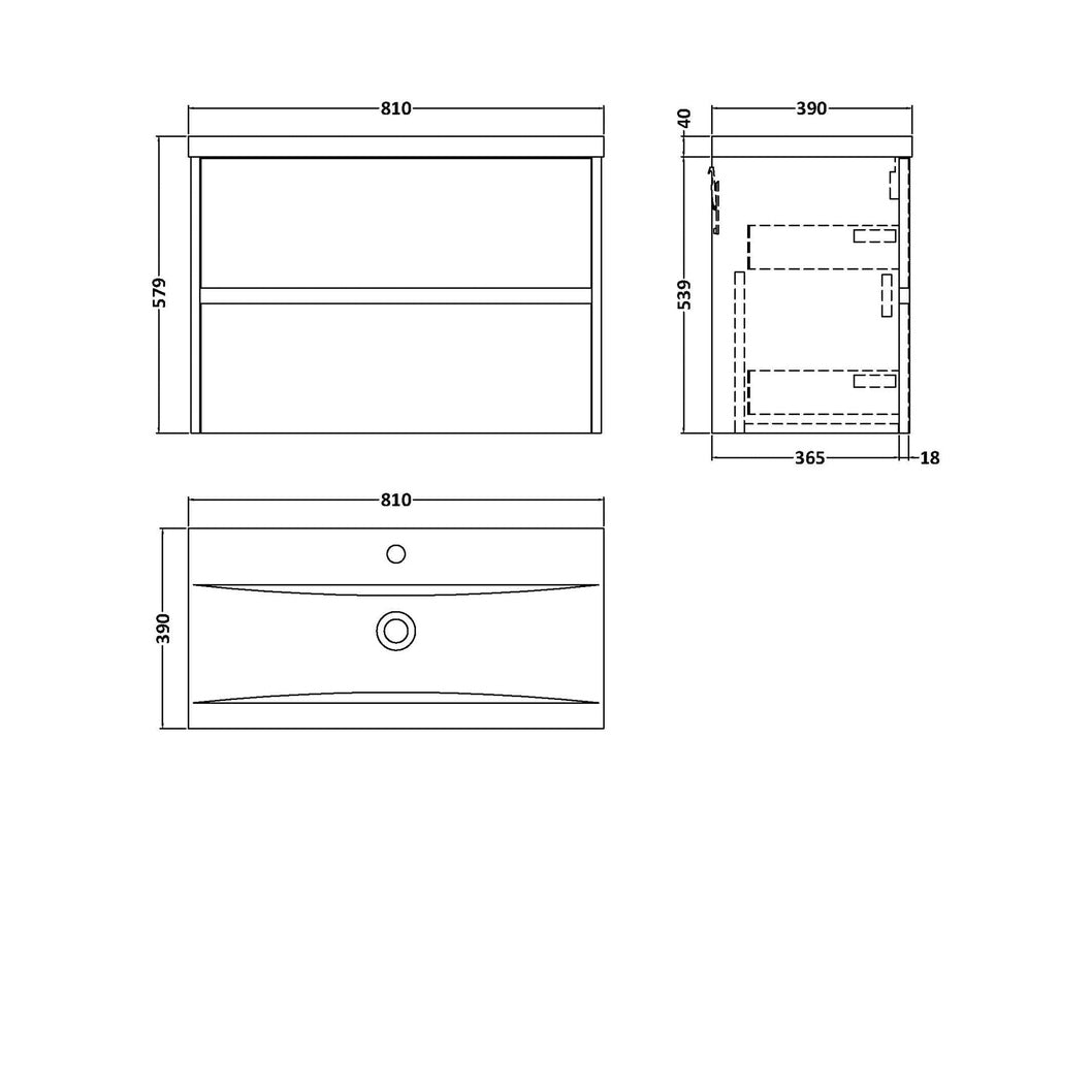 Nuie Havana 800mm Wall Hung 2 Drawer Unit & Basin 1 Contemporary Coastal Grey MFC Smooth Matt 579x810x390mm - JJ Building Materials