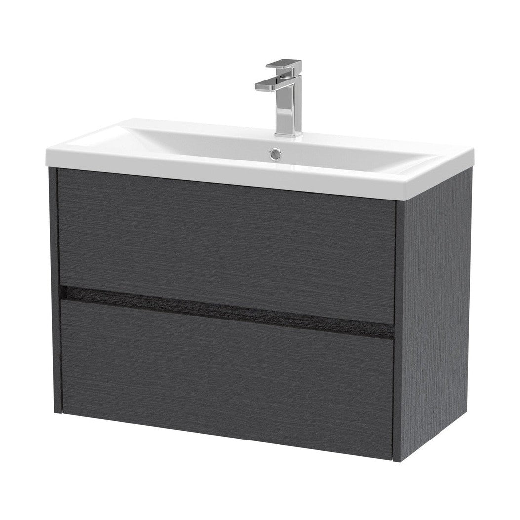 Nuie Havana 800mm Wall Hung 2 Drawer Unit & Basin 1 Contemporary Graphite Grey Woodgrain MFC Textured Woodgrain 579x810x390mm - JJ Building Materials