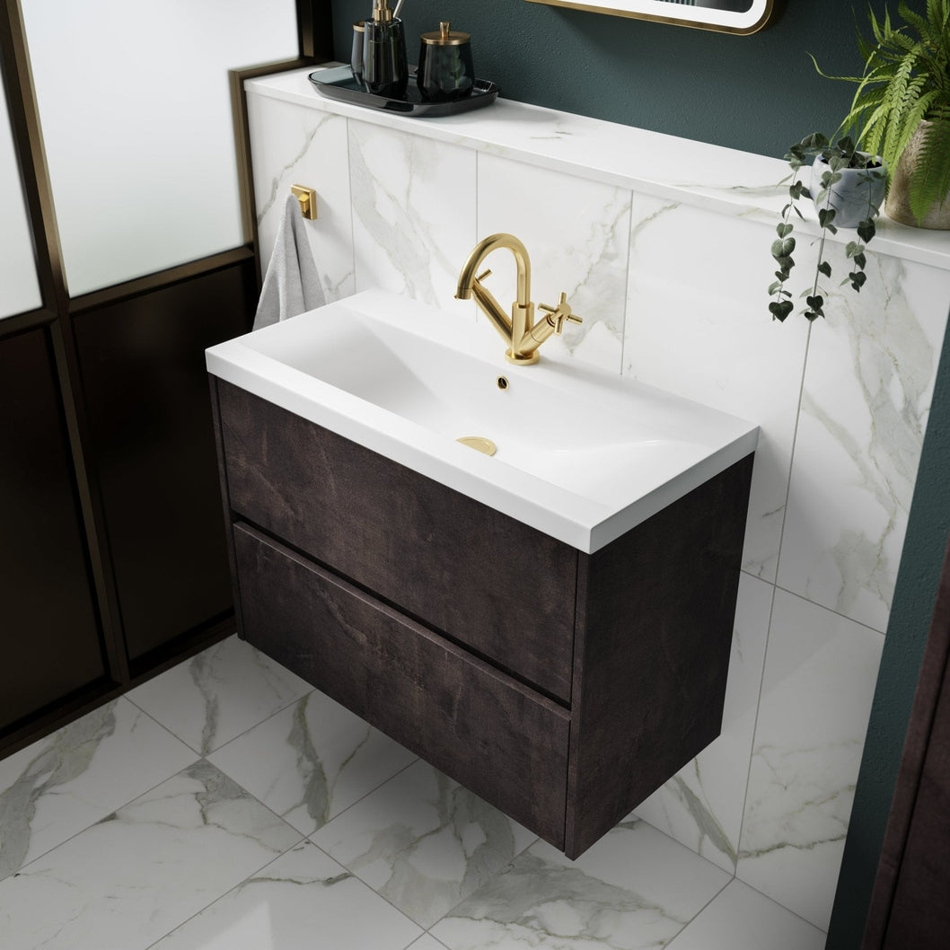 Nuie Havana 800mm Wall Hung 2 Drawer Unit & Basin 1 Contemporary Metallic Slate MFC Textured Matt 579x810x390mm - JJ Building Materials