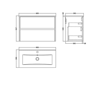Nuie Havana 800mm Wall Hung 2 Drawer Unit & Basin 2 Contemporary Autumn Oak MFC Textured Woodgrain 557x800x390mm - JJ Building Materials
