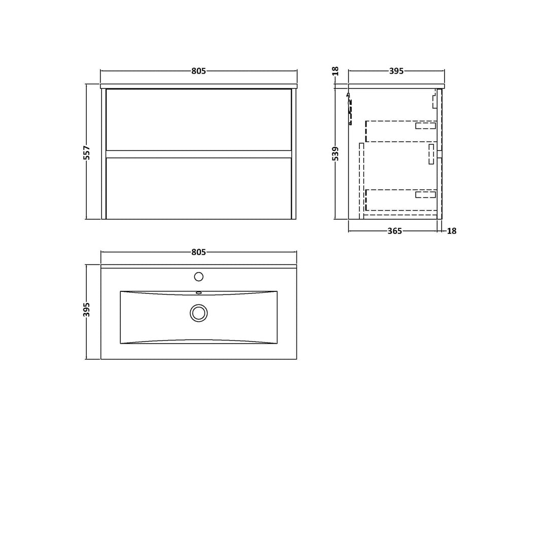 Nuie Havana 800mm Wall Hung 2-drawer Unit & Basin 2 Contemporary Midnight Blue MFC Painted Matt 557x800x390mm - JJ Building Materials