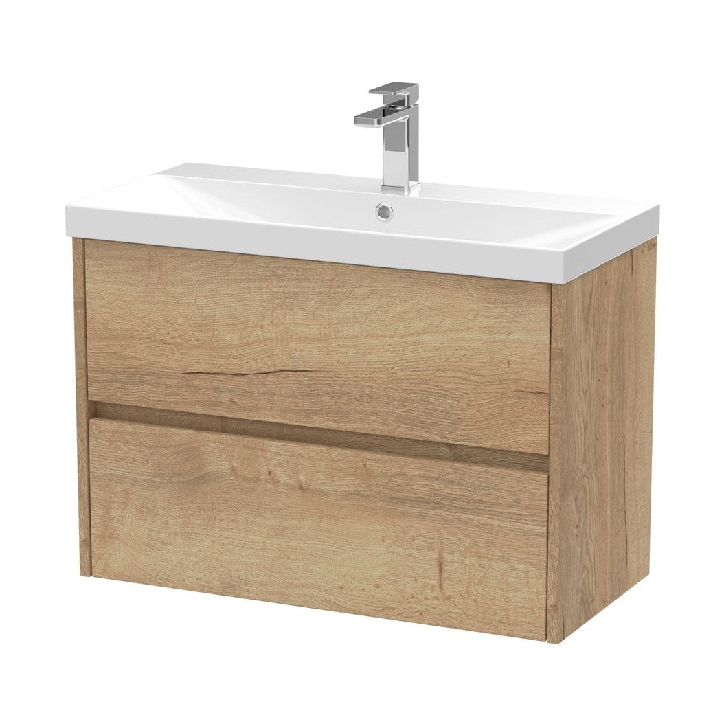Nuie Havana 800mm Wall Hung 2 Drawer Unit & Basin 3 Contemporary Autumn Oak MFC Textured Woodgrain 589x810x395mm - JJ Building Materials