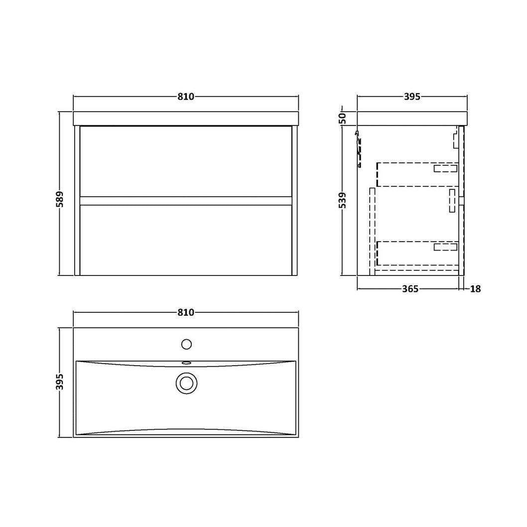 Nuie Havana 800mm Wall Hung 2 Drawer Unit & Basin 3 Contemporary Graphite Grey Woodgrain MFC Textured Woodgrain 589x810x395mm - JJ Building Materials