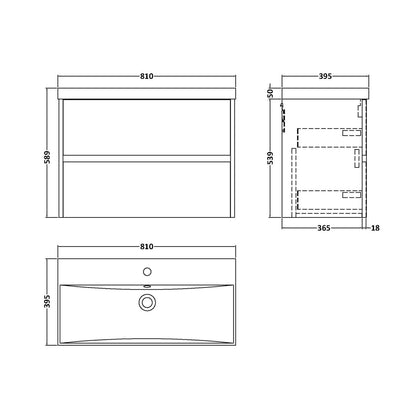 Nuie Havana 800mm Wall Hung 2-drawer Unit & Basin 3 Contemporary Midnight Blue MFC Painted Matt 589x810x395mm - JJ Building Materials