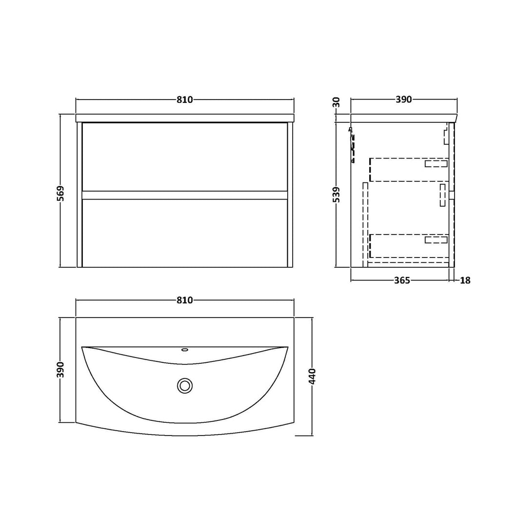 Nuie Havana 800mm Wall Hung 2 Drawer Unit & Basin 4 Contemporary Autumn Oak MFC Textured Woodgrain 564x810x440mm - JJ Building Materials