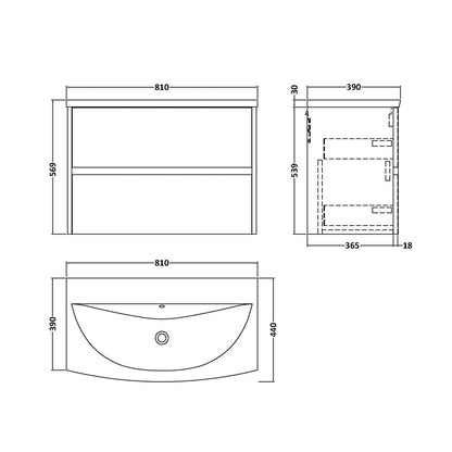Nuie Havana 800mm Wall Hung 2 Drawer Unit & Basin 4 Contemporary Coastal Grey MFC Smooth Matt 564x810x440mm - JJ Building Materials