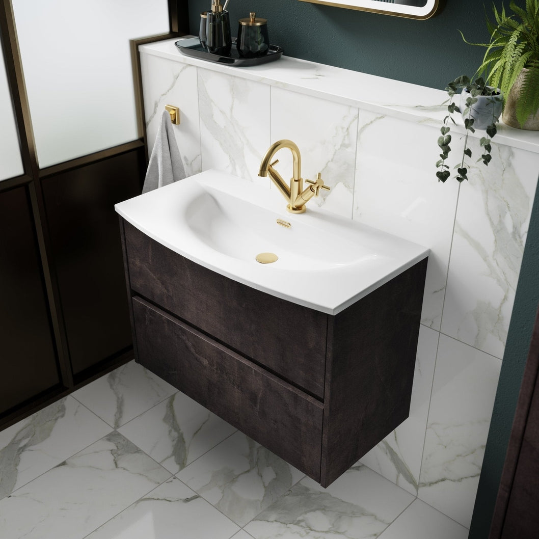 Nuie Havana 800mm Wall Hung 2 Drawer Unit & Basin 4 Contemporary Metallic Slate MFC Textured Matt 564x810x440mm - JJ Building Materials