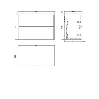 Nuie Havana 800mm Wall Hung 2-drawer Unit & Laminate Worktop Contemporary Midnight Blue MFC Painted Matt 561x805x390mm - HAV2906LBG - JJ Building Materials