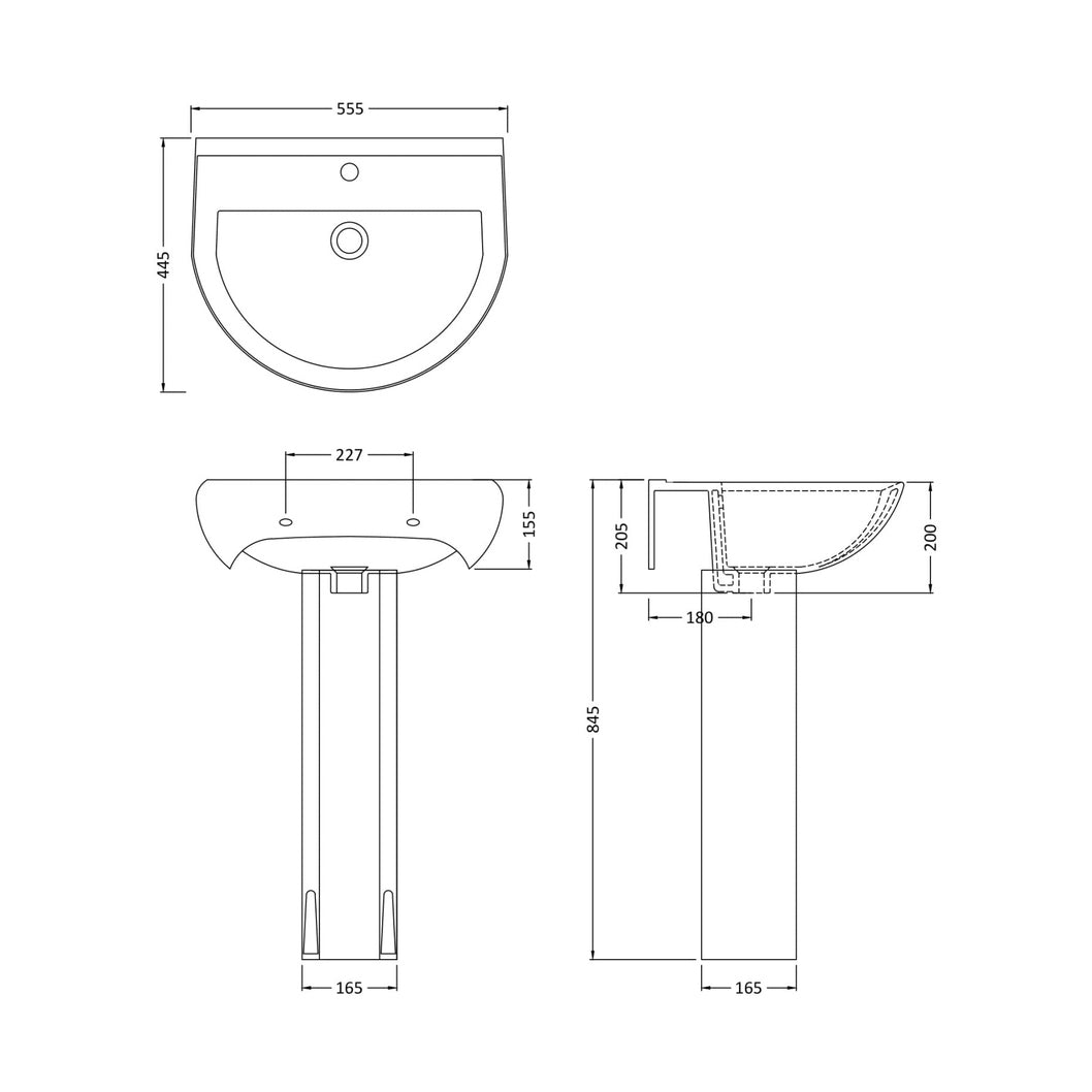 Nuie Ivo 550mm 1th Basin & Pedestal Contemporary White Vitreous China 845x555x445mm - JJ Building Materials