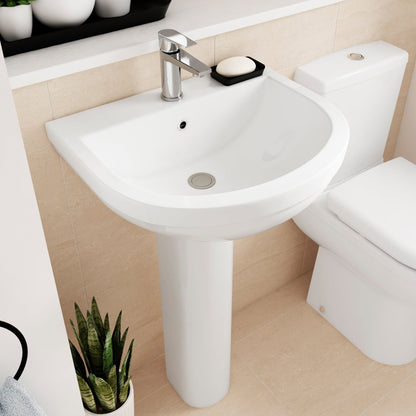 Nuie Ivo 550mm 1th Basin & Pedestal Contemporary White Vitreous China 845x555x445mm - JJ Building Materials