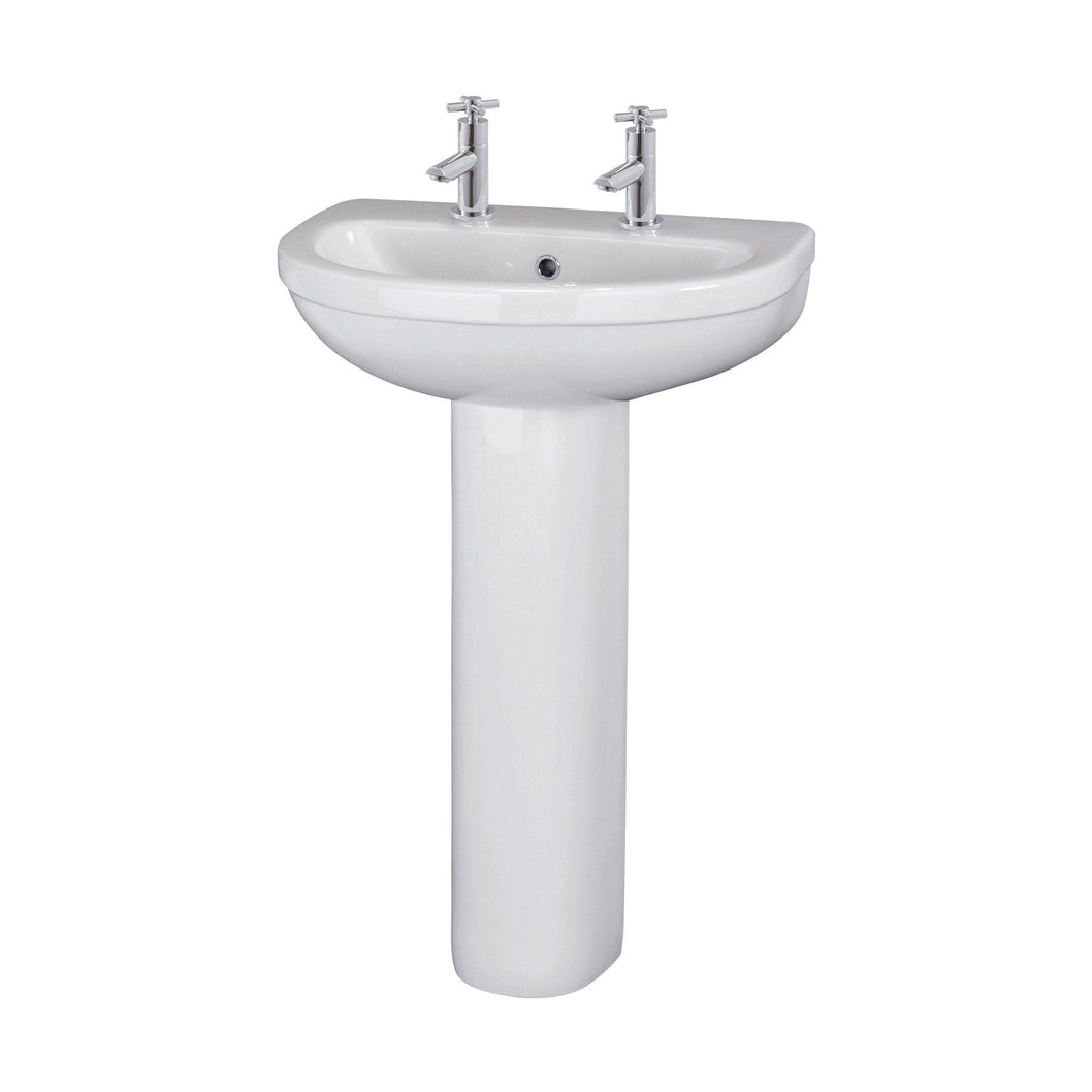 Nuie Ivo 550mm 2th Basin & Pedestal Contemporary White Vitreous China 845x555x445mm - JJ Building Materials