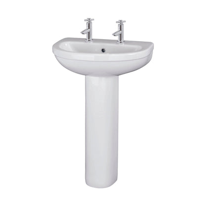 Nuie Ivo 550mm 2th Basin & Pedestal Contemporary White Vitreous China 845x555x445mm - JJ Building Materials