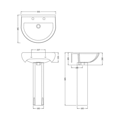 Nuie Ivo 550mm 2th Basin & Pedestal Contemporary White Vitreous China 845x555x445mm - JJ Building Materials