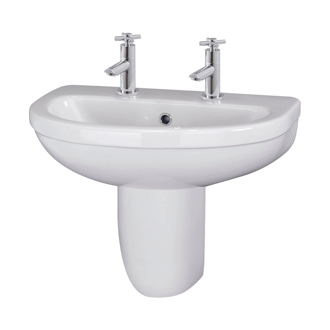 Nuie Ivo 550mm Basin 2th & Semi Pedestal Contemporary White Vitreous China 498x555x445mm - JJ Building Materials