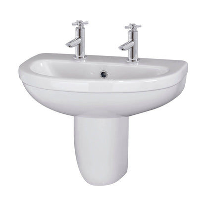 Nuie Ivo 550mm Basin 2th & Semi Pedestal Contemporary White Vitreous China 498x555x445mm - JJ Building Materials
