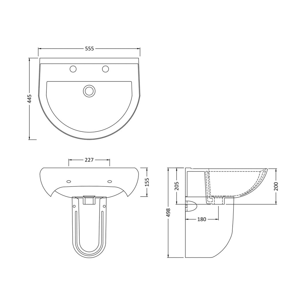 Nuie Ivo 550mm Basin 2th & Semi Pedestal Contemporary White Vitreous China 498x555x445mm - JJ Building Materials