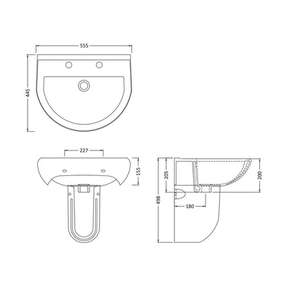 Nuie Ivo 550mm Basin 2th & Semi Pedestal Contemporary White Vitreous China 498x555x445mm - JJ Building Materials