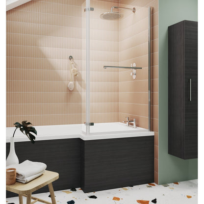 Nuie L-shaped Bath Screen Hinged With Rail Contemporary Chrome Aluminium 1416x815x38mm - JJ Building Materials