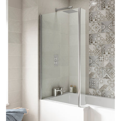 Nuie L-shaped Fixed Bath Screen Contemporary Chrome Aluminium 1400x815x150mm - JJ Building Materials