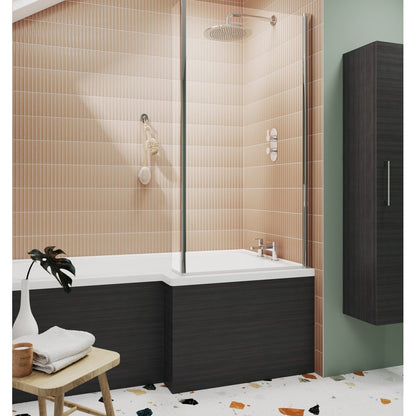 Nuie L-shaped Fixed Bath Screen Contemporary Chrome Aluminium 1400x815x150mm - JJ Building Materials