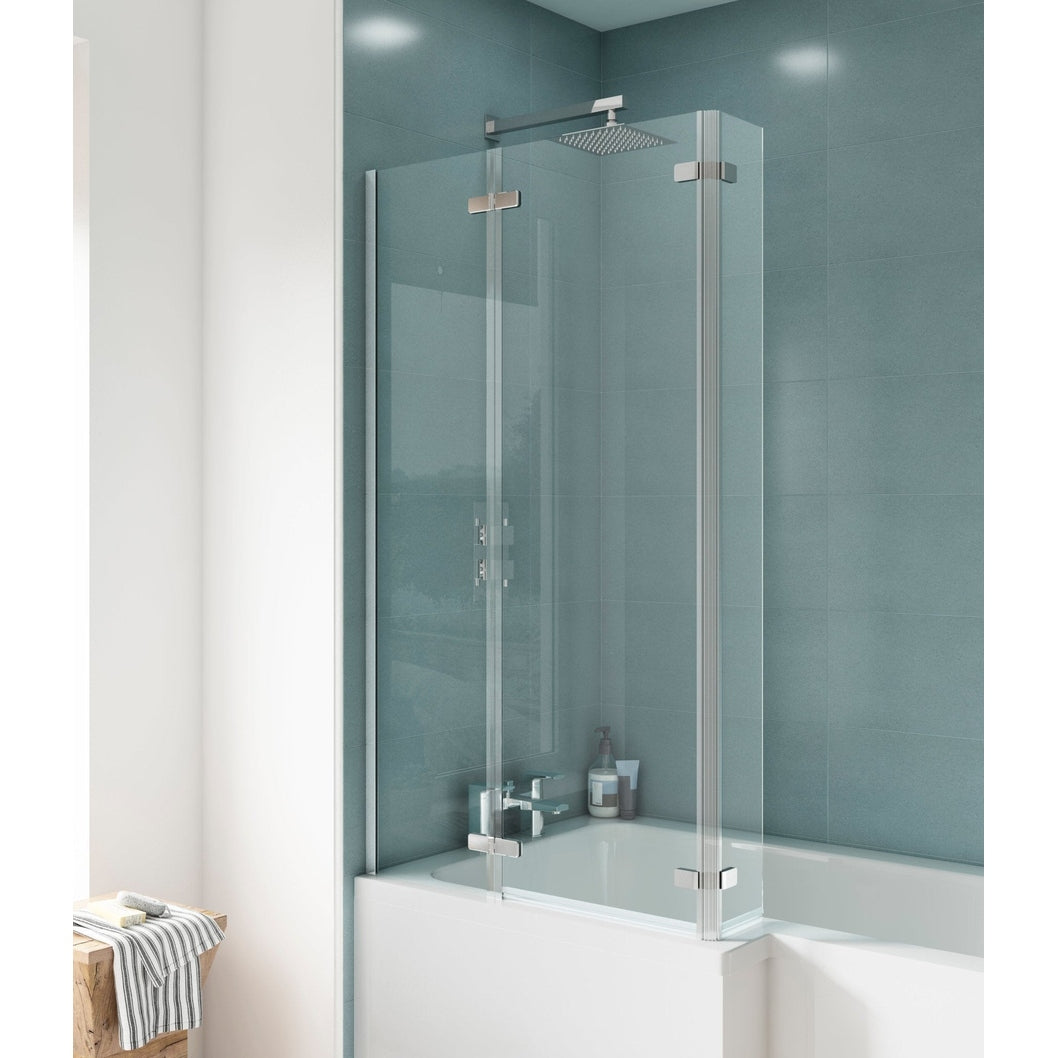 Nuie L-shaped Hinged Bath Screen Contemporary Chrome Aluminium 1400x760x38mm - JJ Building Materials