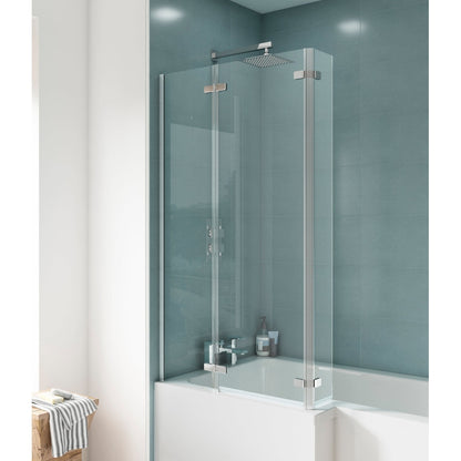 Nuie L-shaped Hinged Bath Screen Contemporary Chrome Aluminium 1400x760x38mm - JJ Building Materials