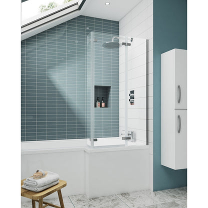 Nuie L-shaped Hinged Bath Screen Contemporary Chrome Aluminium 1400x760x38mm - JJ Building Materials