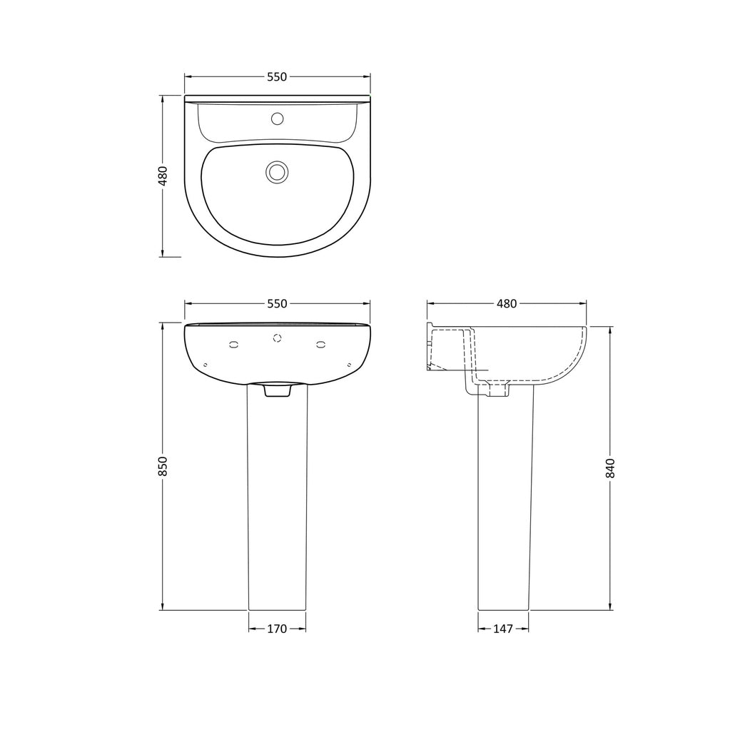 Nuie Lawton 550mm Basin & Pedestal Contemporary White Vitreous China 850x550x480mm - JJ Building Materials