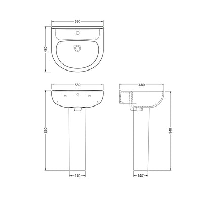 Nuie Lawton 550mm Basin & Pedestal Contemporary White Vitreous China 850x550x480mm - JJ Building Materials