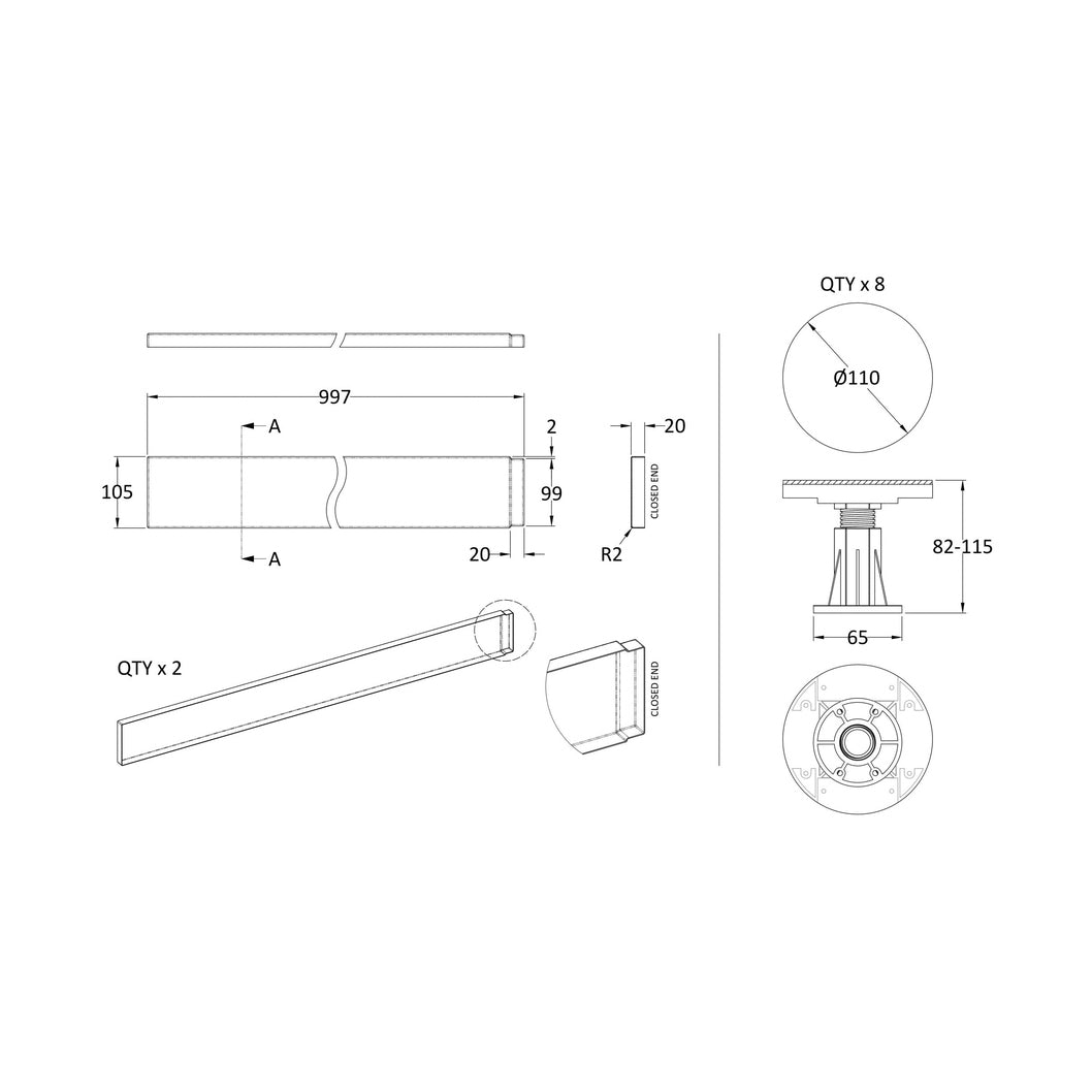 Nuie Leg Sets And Plinths Leg Set Suitable For 1000 Square & Rectangular Trays Contemporary Grey Slate ABS 20x105x20mm - JJ Building Materials