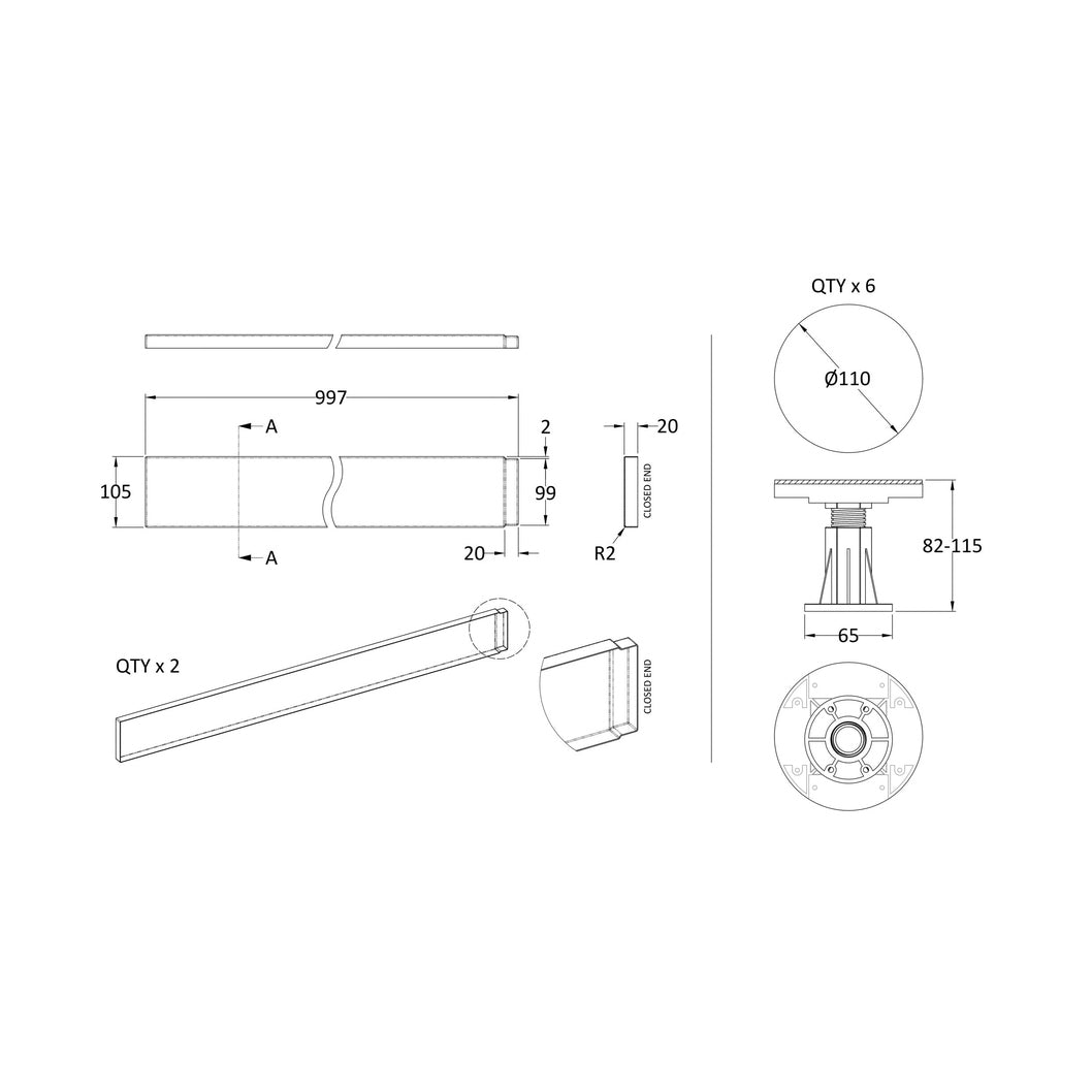 Nuie Leg Sets And Plinths Leg Set Suitable For 700-900 Square & Rectangular Trays Contemporary Grey Slate ABS 20x105x20mm - JJ Building Materials