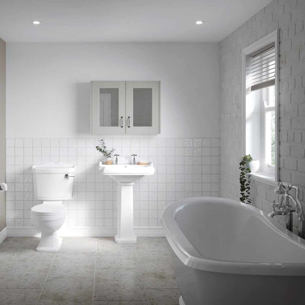 Nuie Legend 590mm Basin & Pedestal (2 Tap Hole) Traditional White Vitreous China 915x590x470mm - JJ Building Materials