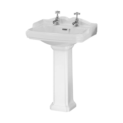 Nuie Legend 590mm Basin & Pedestal (2 Tap Hole) Traditional White Vitreous China 915x590x470mm - JJ Building Materials
