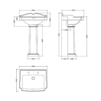 Nuie Legend 590mm Basin & Pedestal (2 Tap Hole) Traditional White Vitreous China 915x590x470mm - JJ Building Materials