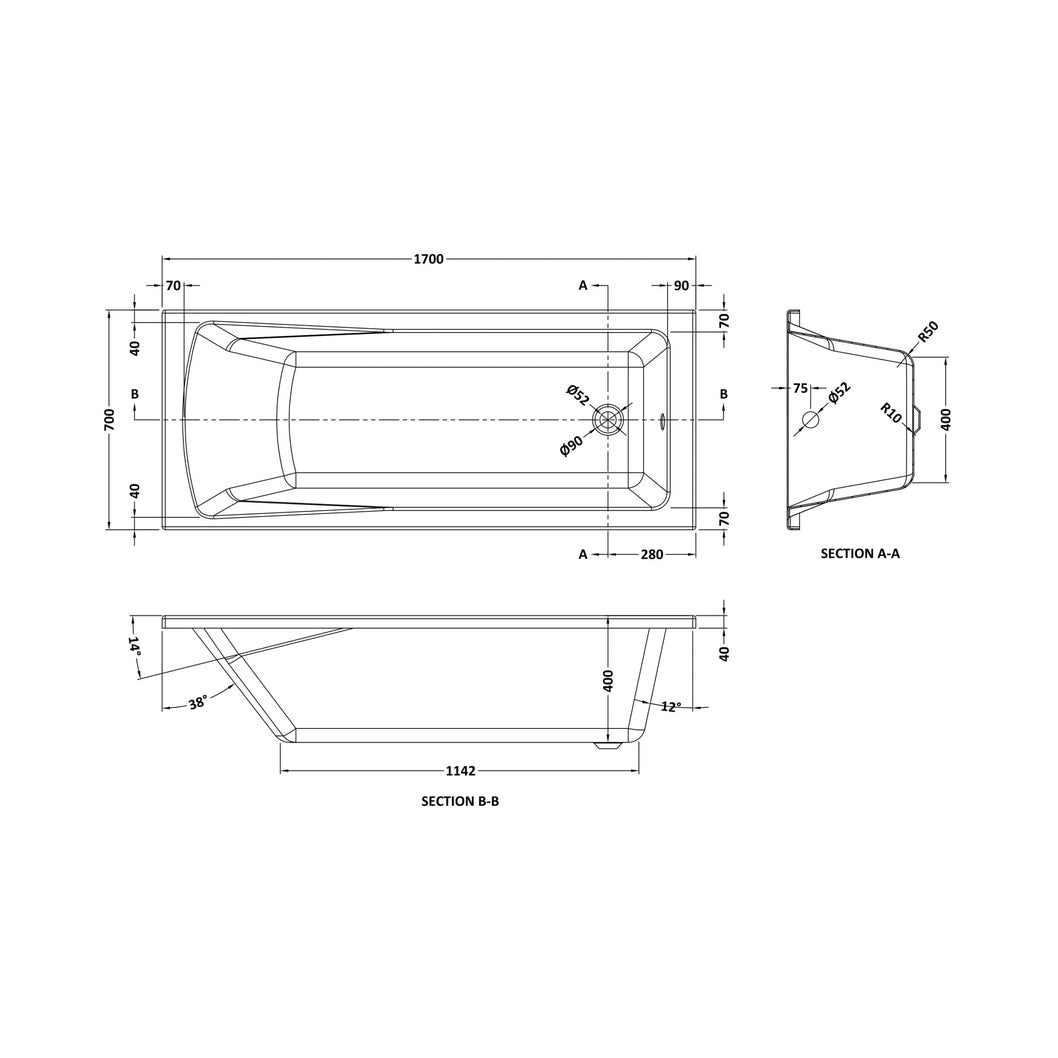 Nuie Linton Eternalite Square Single Ended Bath 1700 X 700mm Contemporary White Acrylic Eternalite - JJ Building Materials