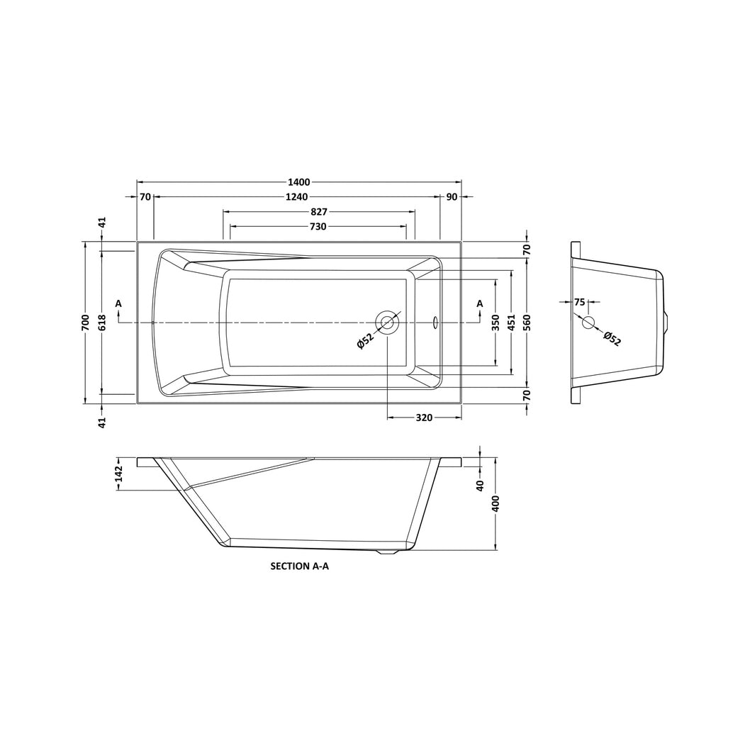 Nuie Linton Square Single Ended Bath 1400 X 700mm Contemporary European White Acrylic - JJ Building Materials