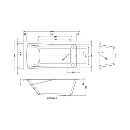 Nuie Linton Square Single Ended Bath 1400 X 700mm Contemporary European White Acrylic - JJ Building Materials