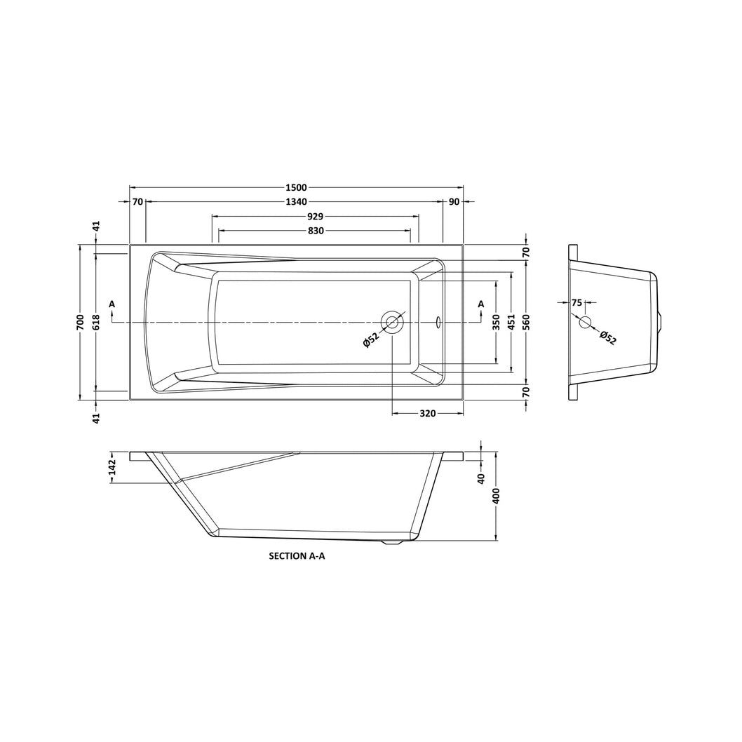 Nuie Linton Square Single Ended Bath 1500 X 700mm Contemporary European White Acrylic - JJ Building Materials