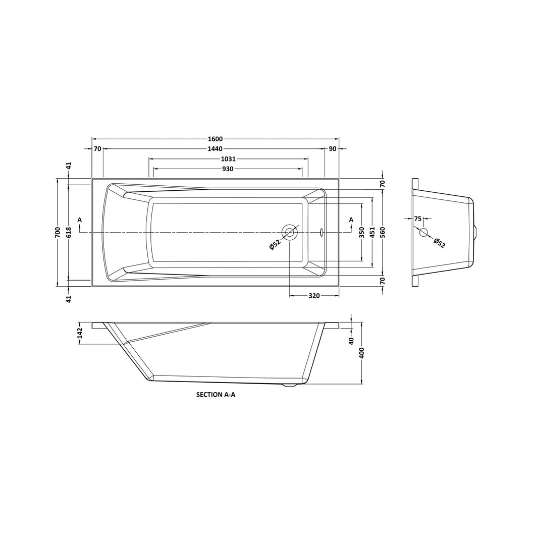 Nuie Linton Square Single Ended Bath 1600 X 700mm Contemporary European White Acrylic - JJ Building Materials