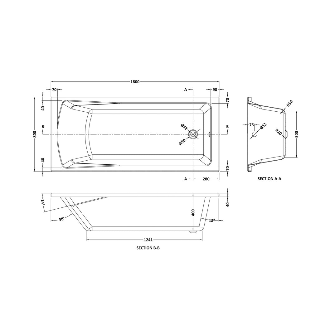 Nuie Linton Square Single Ended Bath 1800 X 800mm Contemporary European White Acrylic - JJ Building Materials