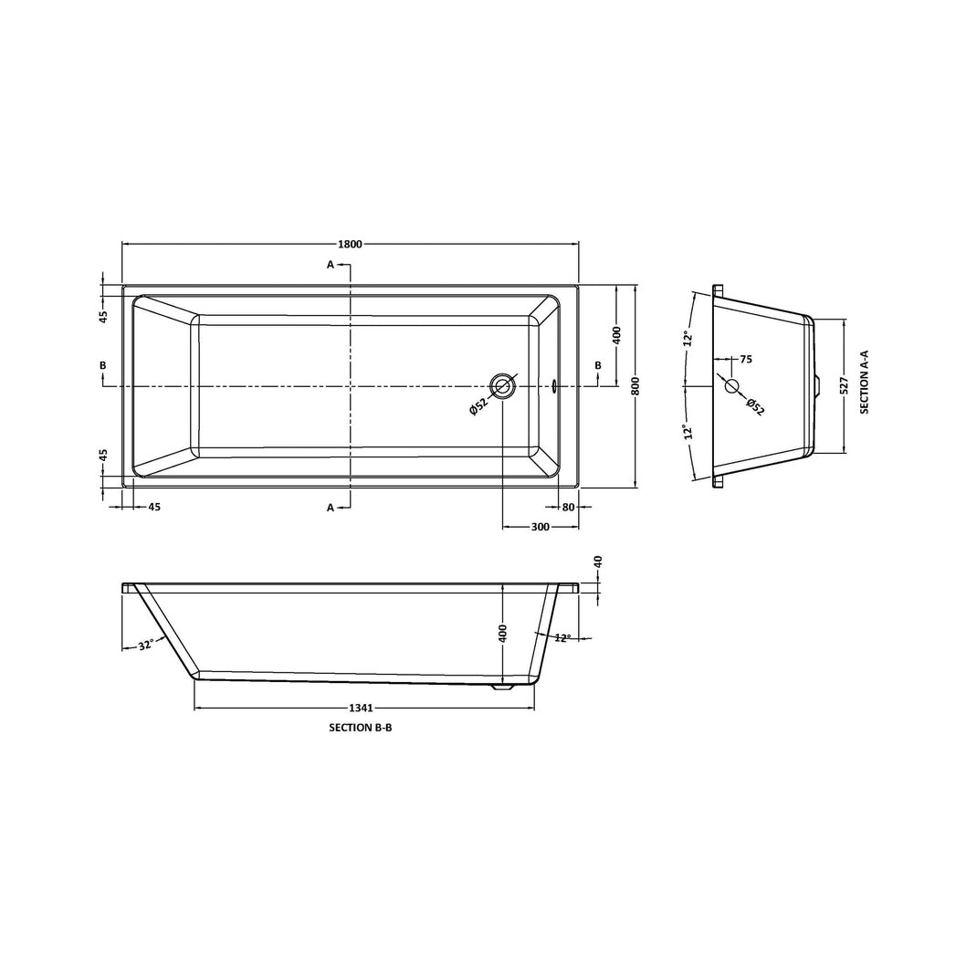 Nuie Linton Thin Edge Single Ended Bath 1800 X 800mm Contemporary White Acrylic - JJ Building Materials
