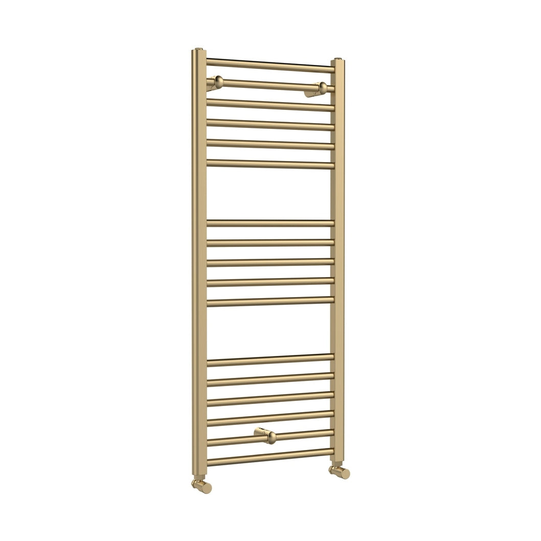 Nuie Lorica Round Straight Towel Radiator 1200x500 Contemporary Brushed Brass Steel 1200x500x30mm - JJ Building Materials