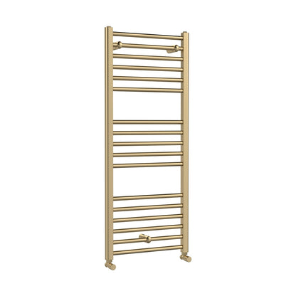 Nuie Lorica Round Straight Towel Radiator 1200x500 Contemporary Brushed Brass Steel 1200x500x30mm - JJ Building Materials